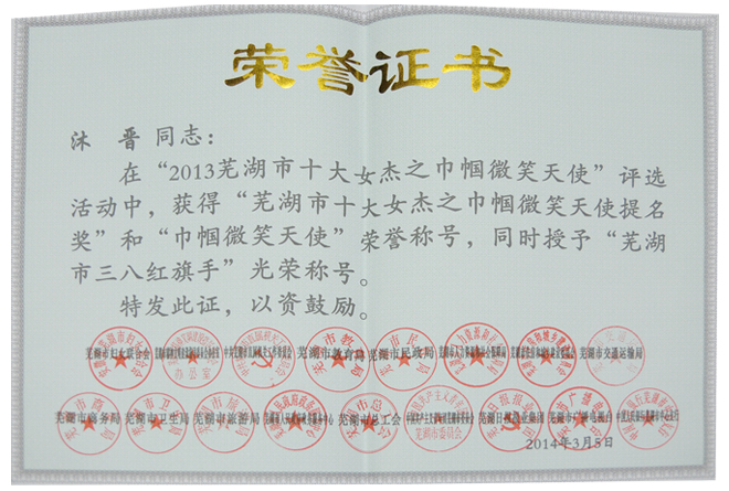 “蕪湖市十大女杰之巾幗微笑天使提名獎”證書